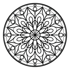 Black and White Line Art Mandala: Circular Symmetry, Ornamental Design, Coloring Page                                                                 