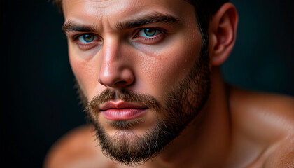 Young man in sportswear performing dynamic stretching pose on soft blurred natural background, demonstrating flexibility and strength.