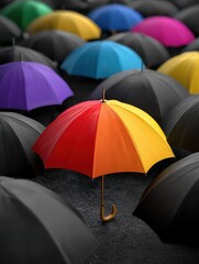 a unique vibrant rainbow umbrella stands out among black umbrellas symbolizing individuality creativity and uniqueness for marketing branding and leadership concepts