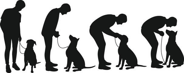 Silhouette of person interacting with seated dog in four progressive poses, training and bonding moments in black vector on white background