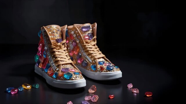 Sneakers decorated with multicolored shiny rhinestones on a dark horizontal background