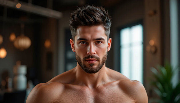 Young man in sportswear performing dynamic stretching pose on soft blurred natural background, demonstrating flexibility and strength.