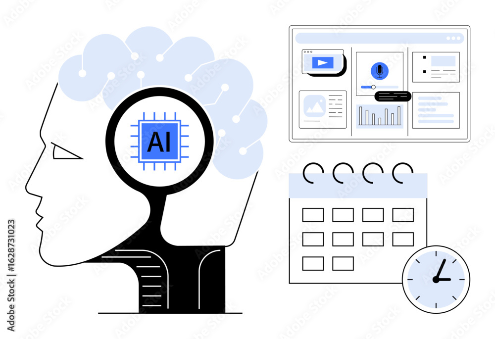 Aufkleber human profile with ai chip, data dashboard with graphs and analytics, calendar, and clock. ideal for
