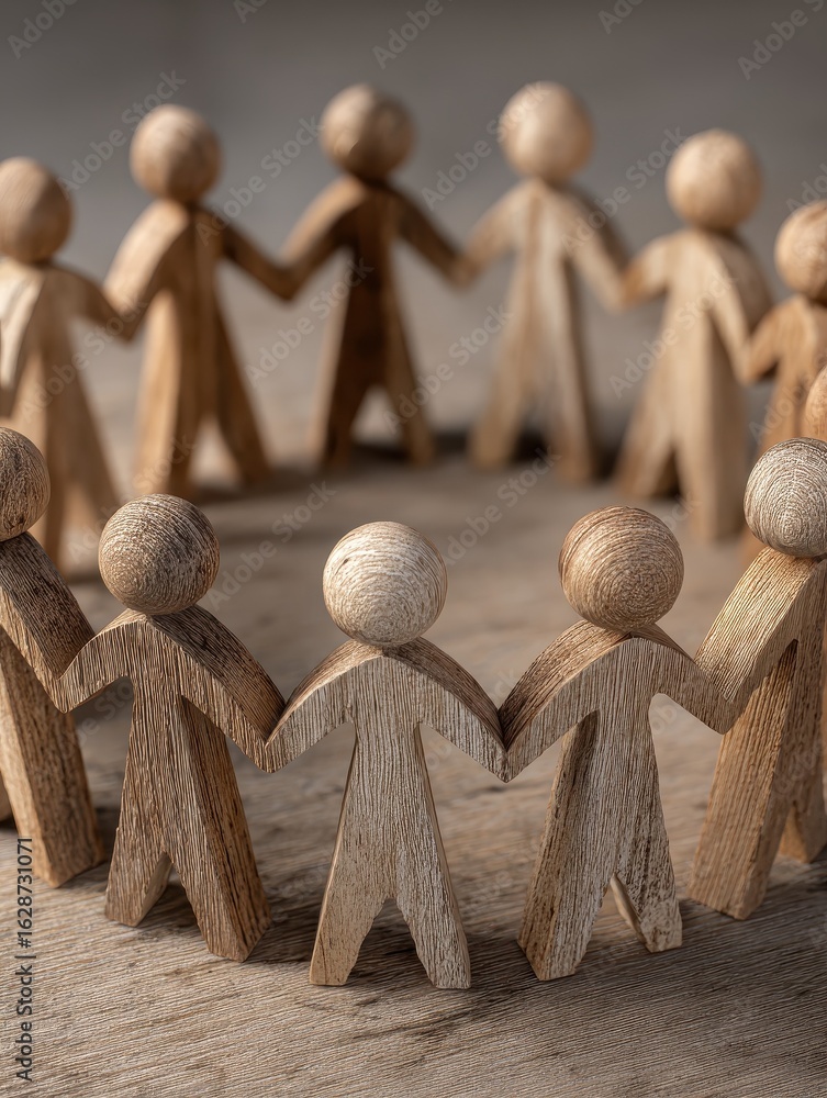 Poster a group of wooden people holding hands in a circle the people are all different sizes and are arrang