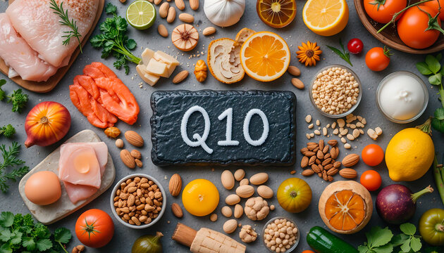 Naklejki A macro shot of various foods that are sources of coenzyme Q10.