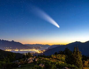Comet over mountain valley at dawn (1)