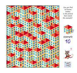 Can you find 10 houses hidden in the picture that match the example? Logic puzzle game for children and adults. Game Seek and Find. Task for attentiveness. Brain teaser book. Vector image.