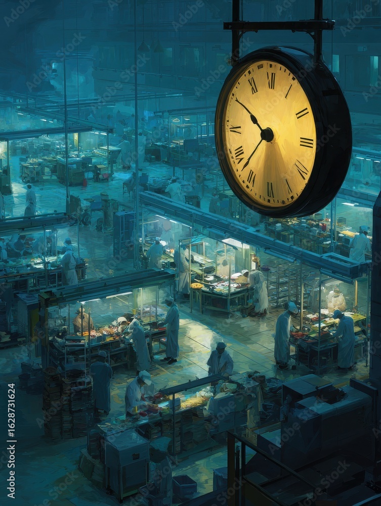 Poster a welllit factory floor at night with a large clock hanging in the foreground showing workers busy o