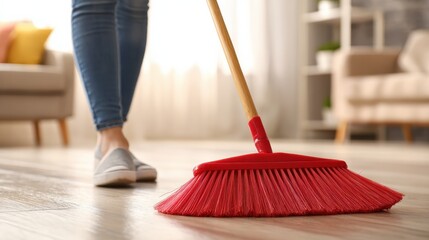 people housework cleaning and housekeeping concept  close up of woman legs with broom sweeping floor at home no logos no brands ar 169