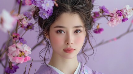 Fototapeta premium Young Japanese woman in lavender kimono surrounded by pink and purple flowers, front view portrait, floral hairstyle, spring season beauty, feminine charm, cultural elegance