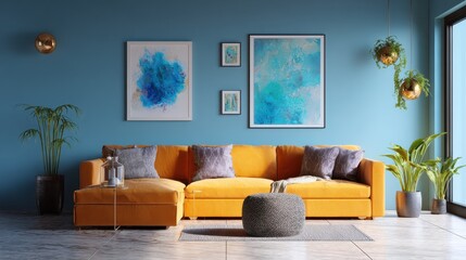 artists living room in minimal style with artworks  no logos no brands ar 169