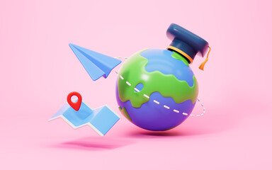 Cartoon earth wearing graduation cap and plane surround around it. Concepts of studying abroad or global learning exchange, 3d rendering.