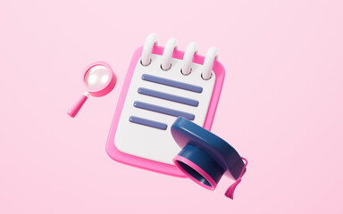 Cartoon notepad, magnifying glass and graduation cap in the pink background, 3d rendering.