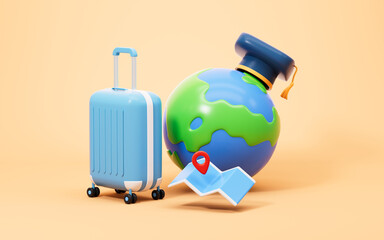 Cartoon earth wearing graduation cap, luggage and map in the yellow background. Concepts of studying abroad or global learning exchange, 3d rendering.