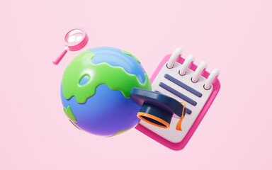 Cartoon Earth with graduation cap and notepad. Concepts of studying abroad or global learning exchange, 3d rendering.