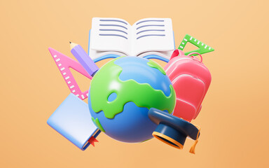 Cartoon Earth with graduation cap and books, pens, pencils and so on learning stationery. Concepts of studying abroad or global learning exchange, 3d rendering.