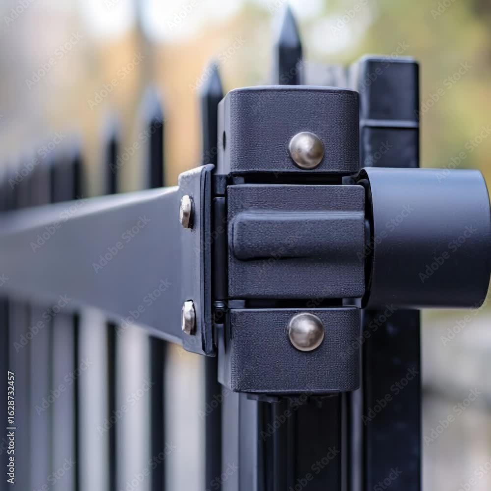 Poster a detailed view of a metal gate with a secure latch, ideal for use in architecture, design or securi