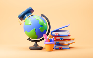 A cartoon Earth wearing a graduation cap and books, pens, pencils and so on learning stationery. Concepts of studying abroad or global learning exchange, 3d rendering.