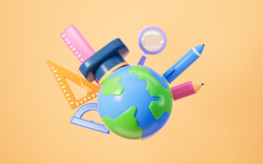 A cartoon Earth wearing a graduation cap and books, pens, pencils and so on learning stationery. Concepts of studying abroad or global learning exchange, 3d rendering.