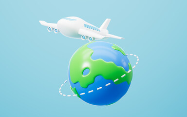 Around the world travelling by plane, travel around the world, 3d rendering.