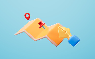 Cartoon map and pin, learning, holiday vacation, travel and transport concept, 3d rendering.