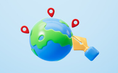 Cartoon three-dimensional world map. Global pin journey. World map navigation, 3d rendering.