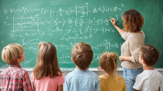 education elementary teaching math and people concept  group of school kids and teacher writing mathematic task on green chalkboard in classroom no logos no brands ar 169
