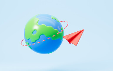 Around the world travelling by plane, travel around the world, 3d rendering.
