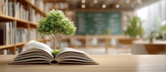 Open book with a small tree inside, in a library setting