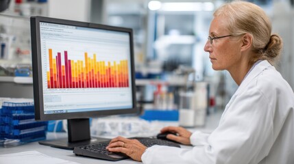 Pharmacologist reviews data charts on a computer screen correlating compound concentrations with biological responses observed during invitro trials.