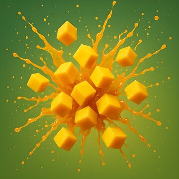 Juicy mango cubes exploding outward with orange juice splashing mid-air &mdash; tropical vibe on green gradient background.