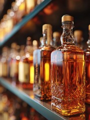 bottles of whiskey or bourbon on a liquor store shelf