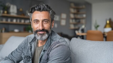 Obraz premium portrait of handsome mature man relaxing on couch at home while looking at camera mixed race man in casual clothing sitting on sofa and smiling with copy space successful happy middle eastern guy no 