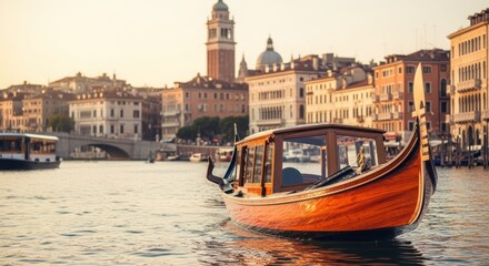 Fototapeta premium Classic venetian gondola sailing on grand canal buildings in background at sunset, transportation and travel concept