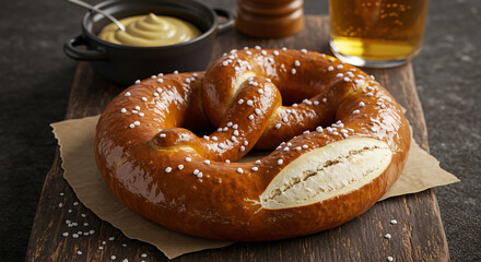 German pretzel with deep brown glossy crust and coarse salt, on rustic wooden board with mustard pot and beer in the background.