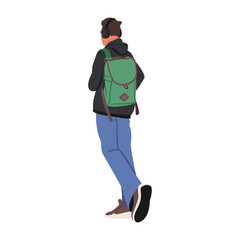 Teenage student boy cartoon character in headphones and autumn clothes going to university