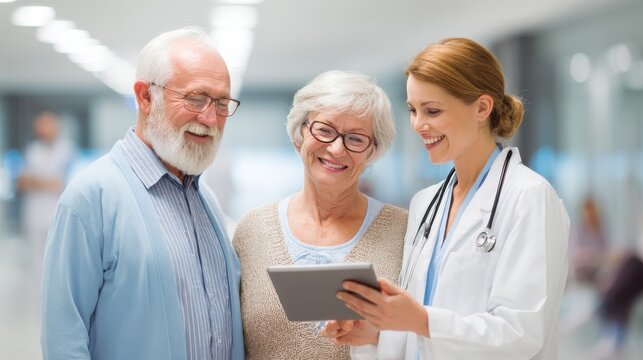 medicine age health care and people concept  senior woman man and doctor with tablet pc computer at hospital ward no logos no brands ar 169
