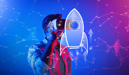 A dynamic scene featuring a person wearing a virtual reality headset, envisioning a rocket launch,...