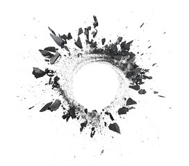 Black charcoal particles isolated on a white background, top view. Charcoal dust. Black coal powder.