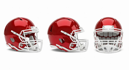 Three red football helmets with white face masks displayed on a white background in different angles