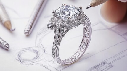 Close-up of elegant diamond ring on design sketch. (1)