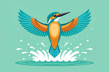 Fototapeta premium Kingfisher bird flying upward from water splash wings spread