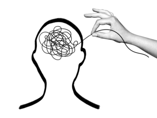 Abstract hand drawing. Tangled line. Psychology, Concept of thinking, finding a solution. Chaotic thoughts. Labyrinth. Complex task. Emotions of tension, anxiety. Reason.