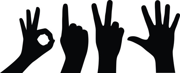 Silhouettes of four hands showing different gestures, including OK sign, pointing, peace, and open palm, symbolizing communication and diversity
