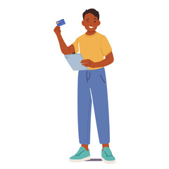 Teenage boy showing credit card winking eye applying educational skills in finance management