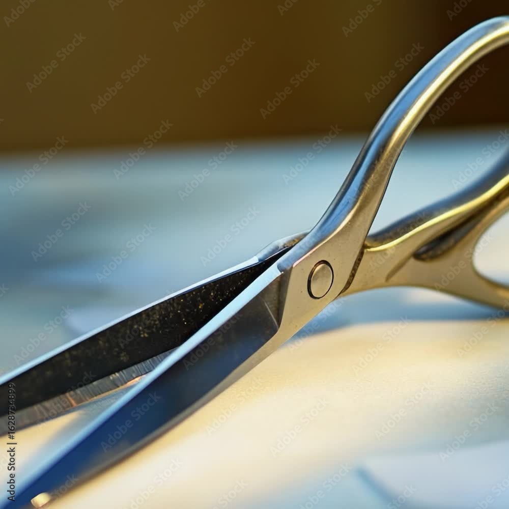 Poster A close-up view of a pair of scissors lying on a table