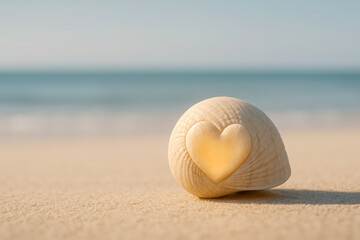 High resolution, ultra realistic photo of a light-colored seashell resting on a golden beach, with a soft, glowing heart shape embedded into its surface, evoking love, warmth, simplicity, and serenity