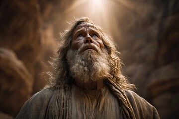 Revered Old Testament prophet Enoch long gray beard hair looking up at light symbolizing divine revelation wisdom