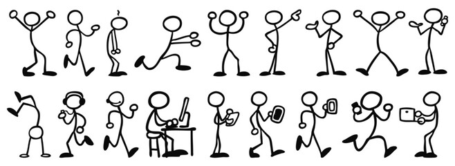 Stick Figures Animation: A collection of energetic vector stick figures art, engaged in a variety of dynamic actions, perfect for illustrating diverse activities. 