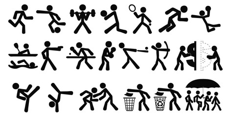 Diverse Sports Icons: A collection of stylized stick figures vectors representing various sports activities and everyday actions in a monochrome palette, ideal for illustrating a variety of concepts.